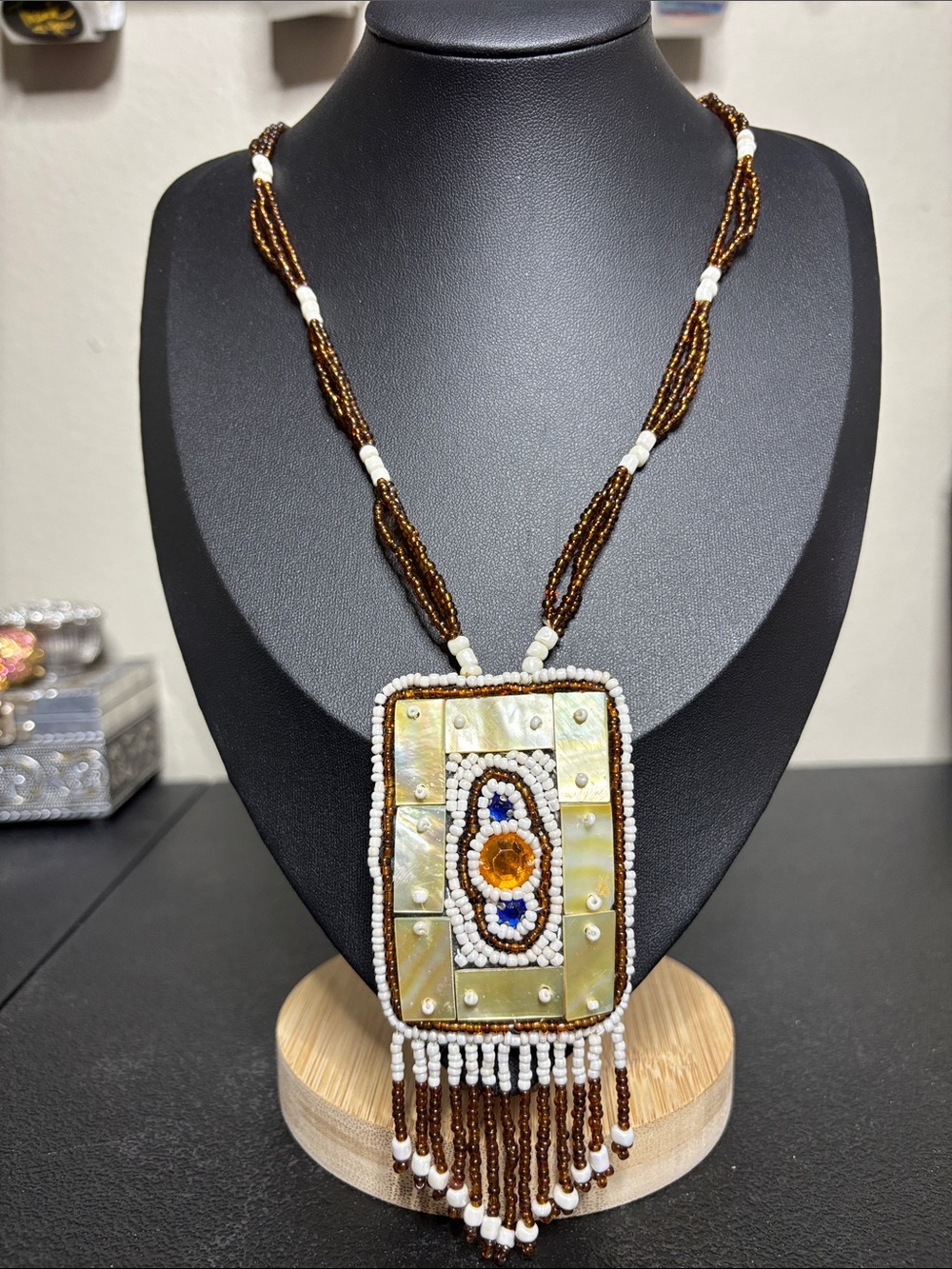 Boho Handcrafted Vintage Beaded Shell Leather Pendant Necklace Brown and White